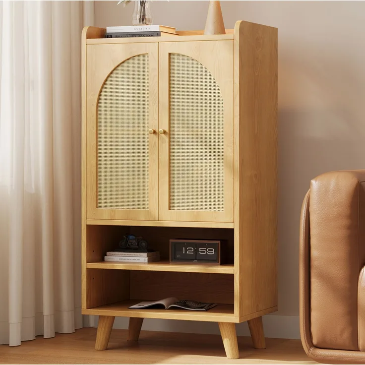 DESVIAE Sideboard mit 2 Rattantüren und offenen Fächern 60x121x40 cm Spanplatte Natur