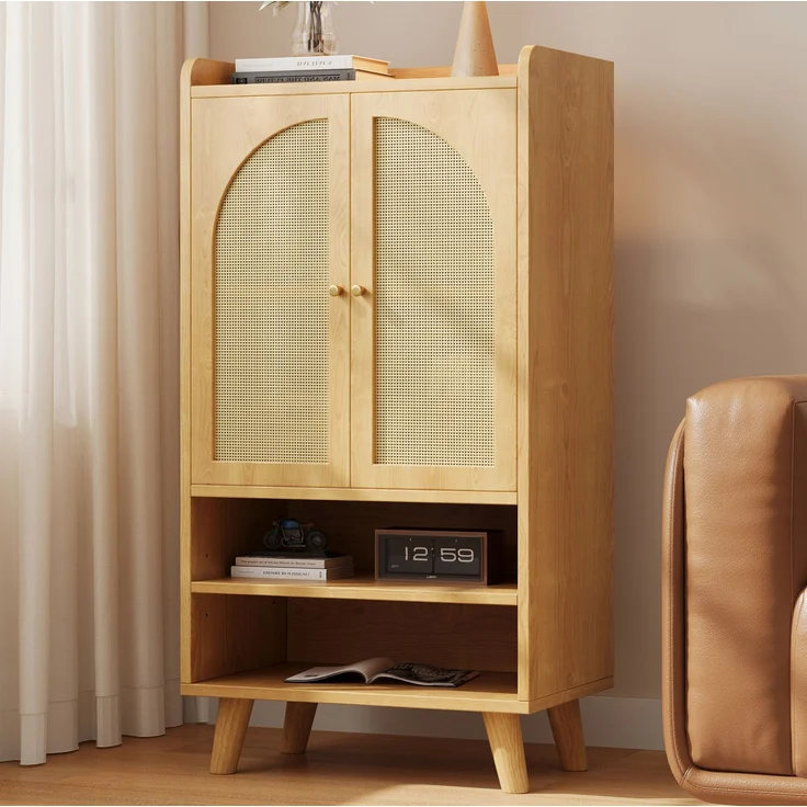 DESVIAE Sideboard mit 2 Rattantüren und offenen Fächern 60x121x40 cm Spanplatte Natur – Bild 1