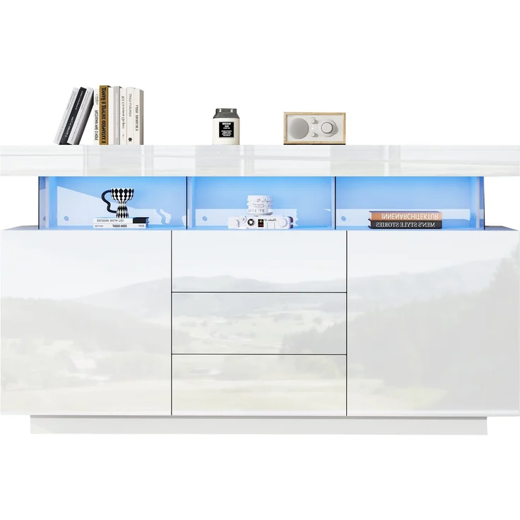 ZUBALIYA Sideboard 140x35x80 cm, mit LED-Beleuchtung, Hochglanz, aus Spanplatte, Weiß – Bild 10