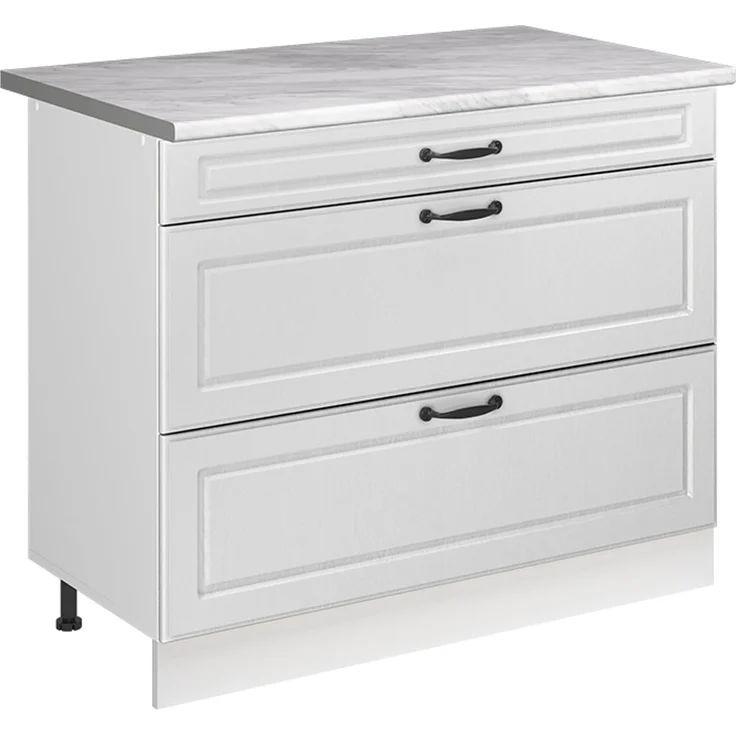 Küchenunterschrank R-Line Weiß Landhaus/Weiß 100 cm Arbeitsplatte Marmor Vicco – Bild 1