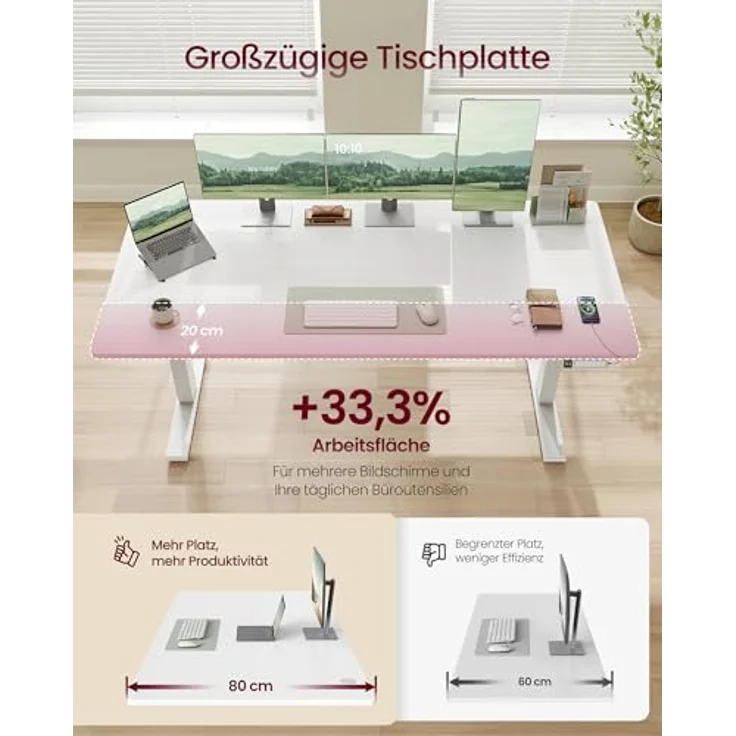 VASAGLE Höhenverstellbarer Schreibtisch, 180x80 cm, USB-C-Anschluss, Ablage für Steckdosenleiste, Stehtisch, Erinnerung bei langem Sitzen, 3 Speichertasten, für Büro, mattweiß LSD148WZ02 – Bild 5