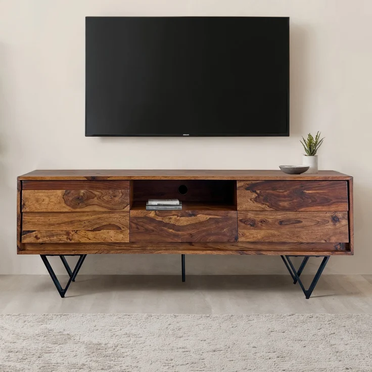 FineBuy TV Lowboard Sheesham Massivholz 160 cm, Fernsehtisch mit Türen, Schublade, offenem Fach & Kabeldurchlass, TV Board mit 3D Fronten & schwarzen Metallfüßen im Industrial Design – Bild 1