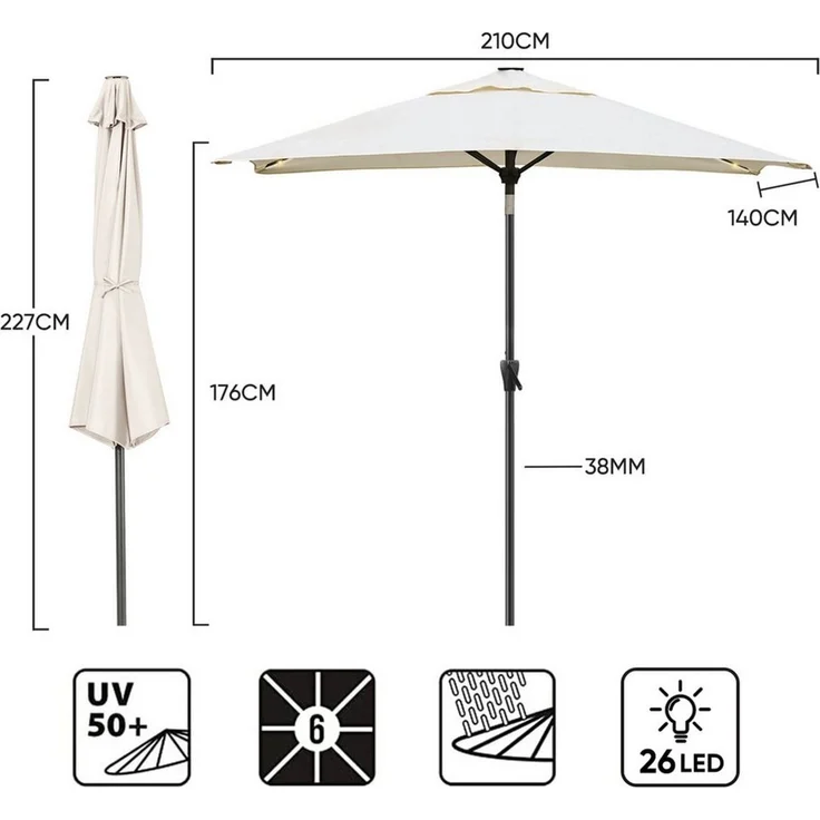 Sekey Sonnenschirm mit LED-Beleuchtung, Kurbel & UV50+, knickbar, Aluminium creme, 210 × 140 cm – Bild 2