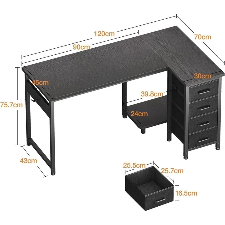 Eckschreibtisch L Form 120x70cm 4 Schubladen 120 × 70 cm Schwarz – Bild 3
