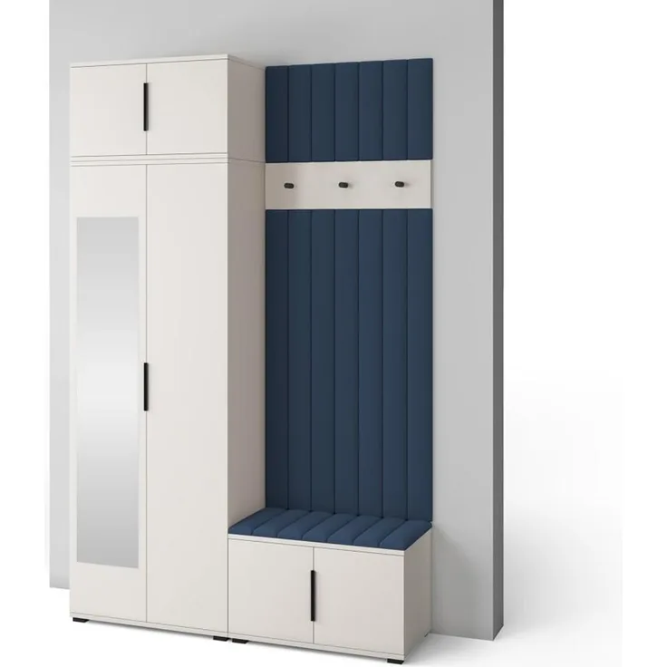 Garderoben-Set Napoli Version 14: Kleiderschrank mit Polsterpaneelen, Schuhschrank Flur und Eingangsbereich (Cashmere/Trinity 30), 225 x 40 x 140 cm