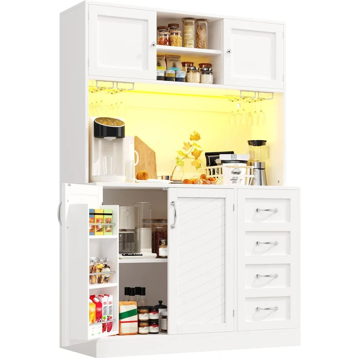 Seitenboard / Aufbewahrungsschrank / Küchenschrank / Buffetschrank, 120 x 40 x 188 cm, mit LED-Beleuchtung, Snackregal & Getränkehaltern, 4 Türen & 2 große Schubladen, Grün/Schwarz/Weiß – Bild 8