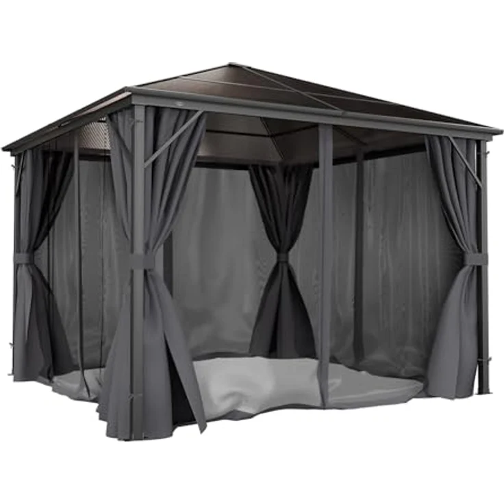 GARMIO Pavillon Rom, 3x3m, schwarze Überdachung mit Vorhang und Mückennetz, Metallgestell, wasserdicht, UV-Schutz, 2,7m Höhe, Polycarbonat Platten – Bild 9