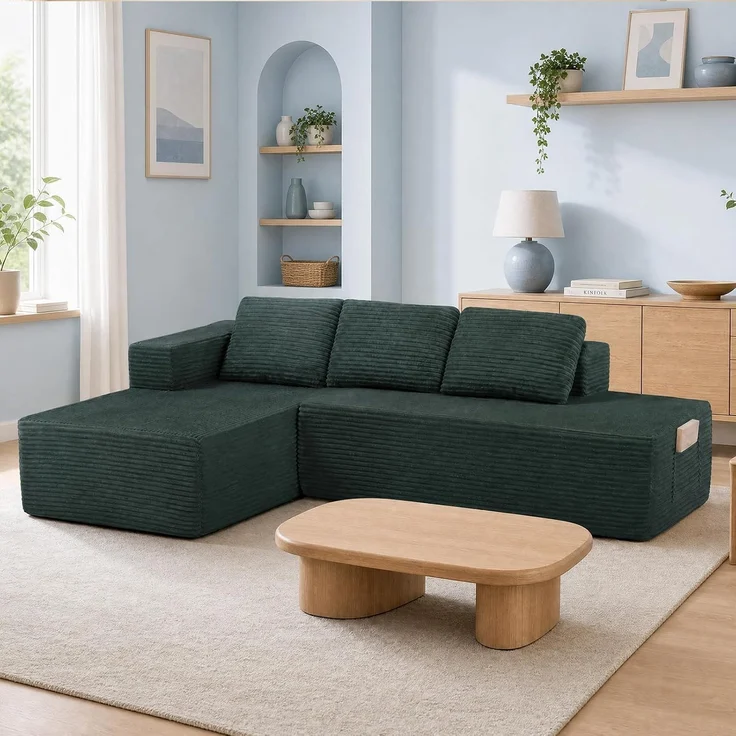 COMHOMA Ecksofa mit Schlaffunktion, 228cm Corduroy Modulares Boneless Couch mit Chaiselongue & Rücken-Metallgestell, L-Form Schlafsofa mit offenem Design, Kissen & Seitentaschen,für Wohnzimmer, Grün-R – Bild 7