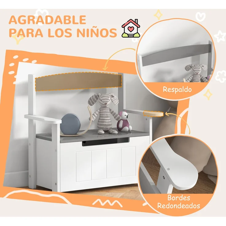 JARDJ Kinder-Aufbewahrungsbank mit Rückenlehne und Soft-Close-Deckel, Tragkraft 30 kg, für Spielzimmer, 68,5 x 34 x 58 cm, Grau und Weiß – Bild 7