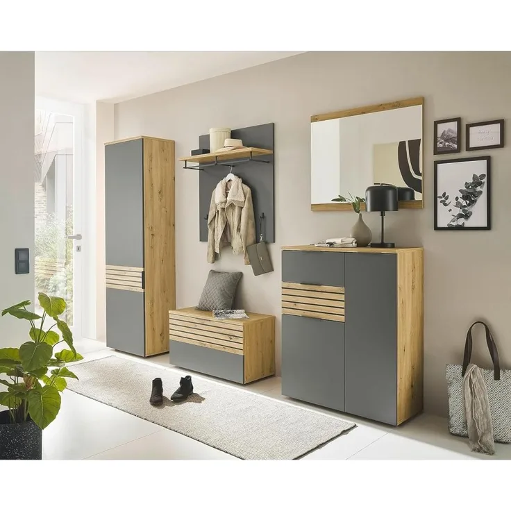 MILAN Flurgarderoben Set in Grau, Artisan Eiche Optik - Modernes Garderobenset 5-teilig für Ihren Eingangsbereich - 290 x 200 x 38 cm (B/H/T)