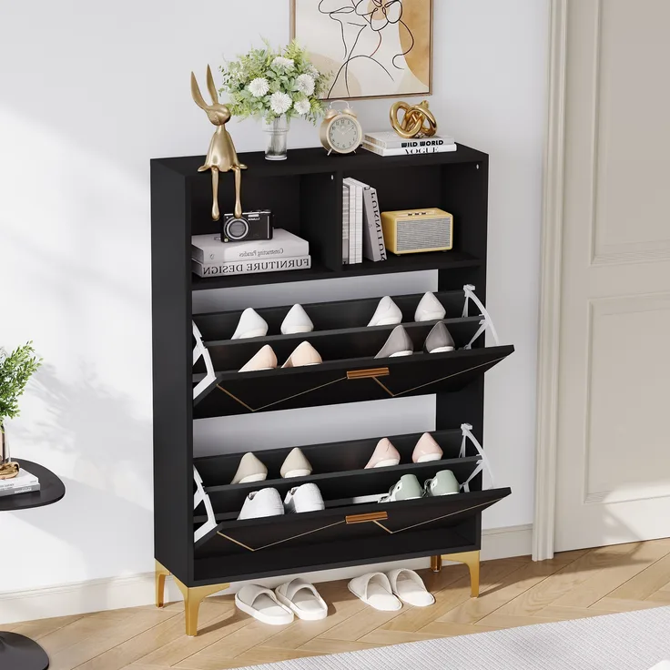 Merax Schuhschrank mit 2 unteren Klapptüren,Flur-Schuhschrank mit 4 Schuhablagefächern,Schrank mit 2 halboffenen Ablageflächen,Sideboard, Wohnzimmerschrank, Schwarz
