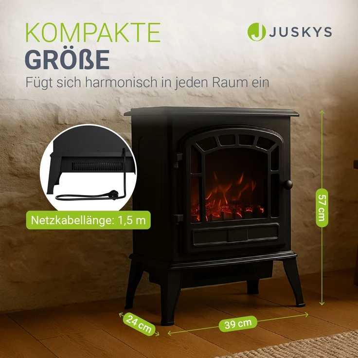 Juskys Elektrokamin 2000 W – Schwarz, elektrischer Standkamin mit Flammeneffekt, Heizfunktion, 2 Heizstufen, Thermostat & Sicherheitsabschaltung – Bild 5