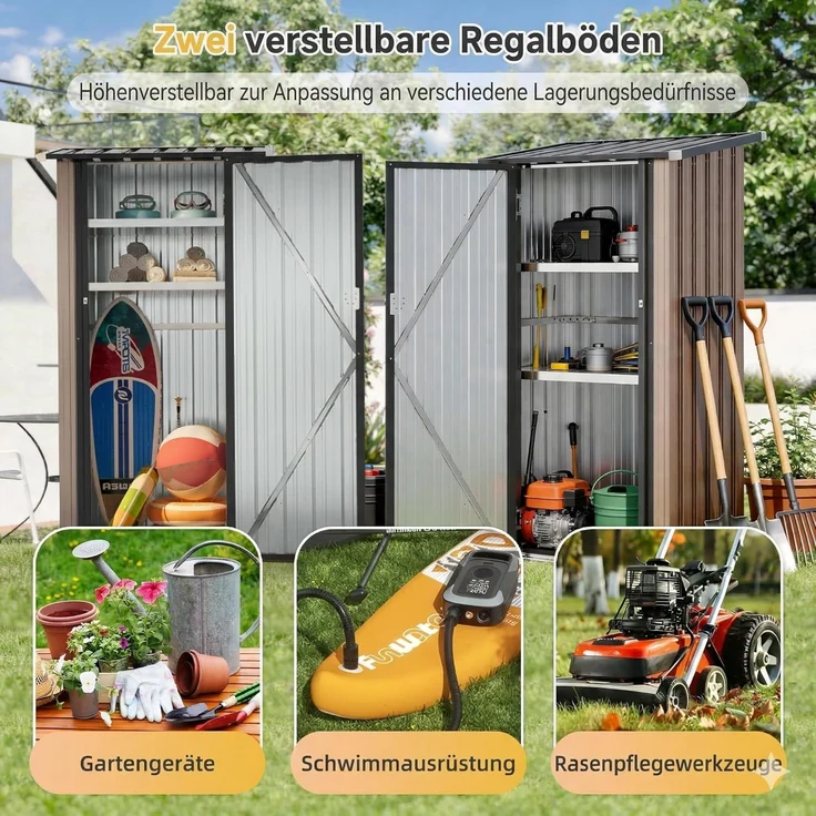 Aoxun Metall-Gerätehaus 88x61x164cm mit 2 verstellbaren Regalböden, Kleiner abschließbarer Werkzeugschrank für Garten, Terrasse & Hof, Braun – Bild 3