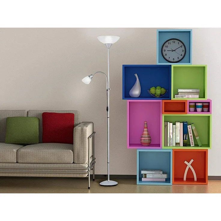 LED Deckenfluter Silber mit flexibler Leselampe, Höhe 180cm