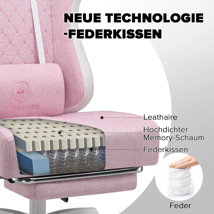 GTPLAYER Gaming-Stuhl Ergonomischer Gaming Sessel Schreibtischstuhl aus Stoff/Kunstleder (Pacekung), Federsitzkissen mit Fußstütze – Bild 4