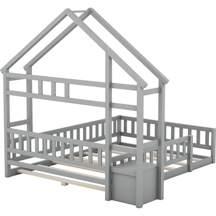 Kinderhausbett, Flachbett aus Kiefernholz mit Geländer, inklusive Nachttisch, stabiles Massivholzbett für Kinder,Grau – Bild 10