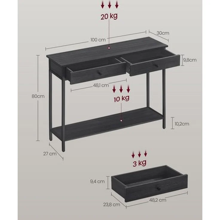 Vasagle Konsolentisch, Flurtisch, Beistelltisch, Sofatisch mit 2 Schubladen, Stahlgestell, Flur, Wohnzimmer, Industrie-Design, anthrazitgrau-tintenschwarz LNTDE015B07 – Bild 5