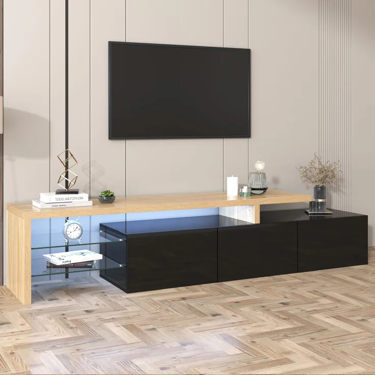 TV-Lowboard 197.5 cm mit LED-Beleuchtung, Glasböden & 3 Schränken, modernes Schwarz-Holz Design für Wohnzimmer