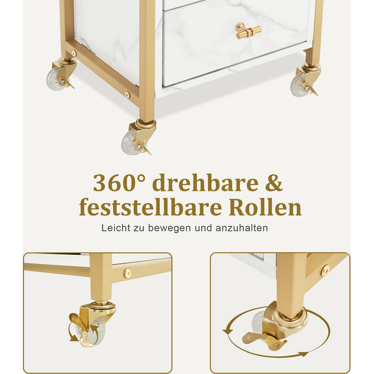 M MCombo Servierwagen mit Rollen & 3 Schubladen, Friseurwagen Rollwagen, Salon Trolley mit 2 Ablagen & Föhnhalter, Moderner Arbeitswagen für Bad Wohnzimmer, 30x40x95cm, 0022 (Weiß-Gold) – Bild 5