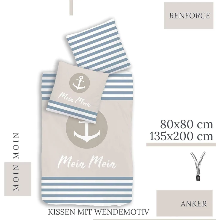 MTOnlinehandel Bettwäsche Moin Moin, 100 % Baumwolle, ideal als Partnerbettwäsche, Renforcé, 4 teilig, maritime Anker Bettwäsche gestreift – Bild 3
