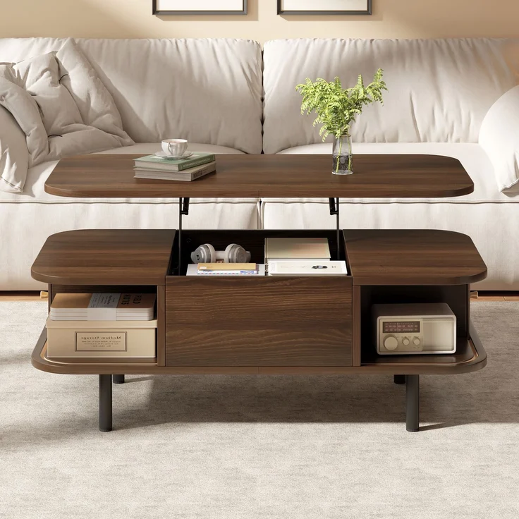 EINHOM Couchtisch Höhenverstellbar 101 x 51 x 52, 5 cm, Walnussholzfarbe 2-in-1 Schreibtisch, 2 Rollladen mit Stauraum, MDF, 4 Tischbeine, Rundkante, Geeignet für Wohnzimmer/Büro/Arbeitszimmer, Tragfähigkeit 75 kg – Bild 7