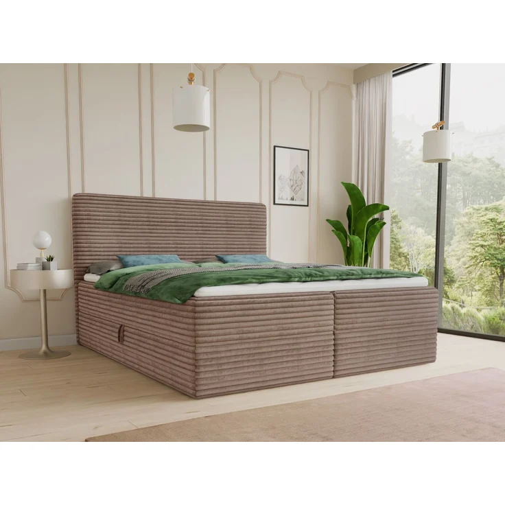 Boxspringbett Mollo mit 2 Bettkästen, Doppelbett mit Bonell-Matratze und Topper, Polsterbett in weichem Cordstoff, Bett, Bettgestell für Schlafzimmer (Braun (Tilia 17), 180 x 200 cm) – Bild 1