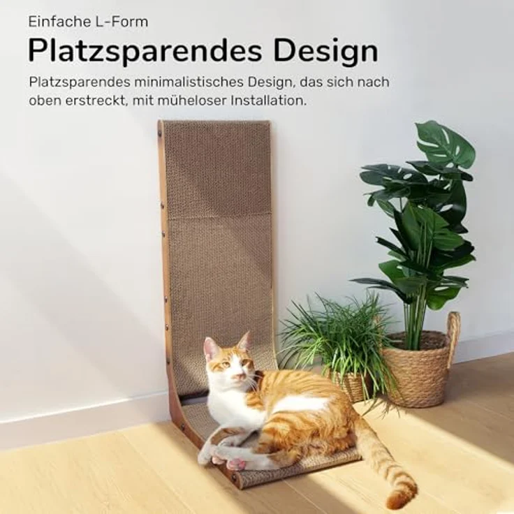 FUKUMARU Kratzbrett Katzen, 68 cm hoch L-förmige Kratzpappe aus vertikalem Karton, widerstandsfähig Katzenkratzbrett mit Ballspielzeug, Farbe Nussbaum – Bild 6