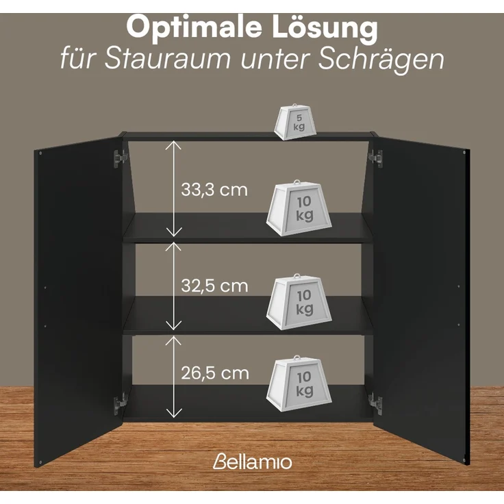 Bellamio 'Aland' Dachschrägenregal mit Türen, schwarz, 100x52x90 cm, Schrank für Dachschräge mit 3 Fächern – Bild 6