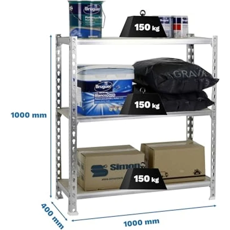 Simonrack Schwerlastregal, Lagerregal, 100 x 100 x 40 cm, Metallregal, Kellerregal, Biegestelle 150 kg, 3 Holzfachböden, Verzinkt/Holz - Maderclick – Bild 2