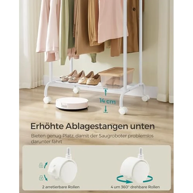 Songmics Kleiderständer auf Rollen, doppelte Stangen, ausziehbare Kleiderstangen, Garderobenständer aus Stahlrohren, bis 80 kg belastbar, 83-120 cm breit, Wolkenweiß – Bild 6