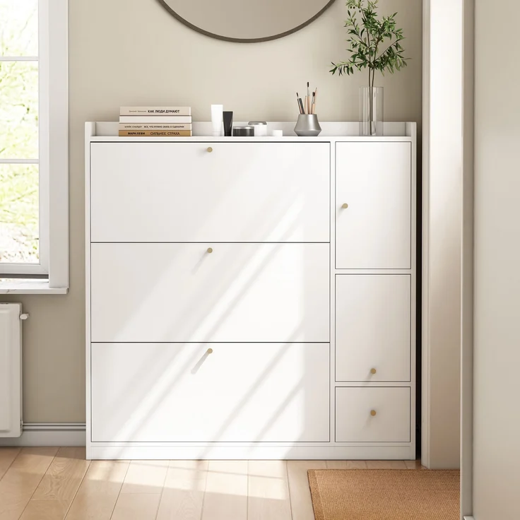 Großer Schuhschrank mit Sitzbank Weiß 119cm Breite Moderner Flurschrank Mit Kippschubladen Und Verstellbaren Böden Großer Stauraum Für Bis Zu 30 Paar Schuhe Garderobenschrank Mit Integrierter Sitzbank Und Kippsicherung, 119cmx24cmx122cm, Weiß – Bild 1