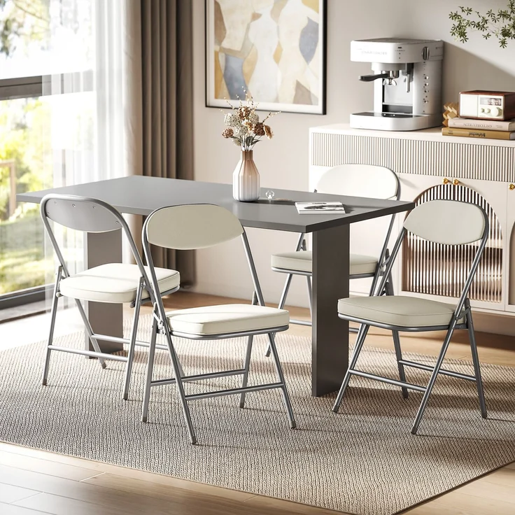 MELAYR, 4er-Set gepolsterte Klappstühle, Faltbare Stühle mit Cordbezug, Rückenlehne, 48.5 x 45 x 82 cm, Cremeweiß – Bild 3