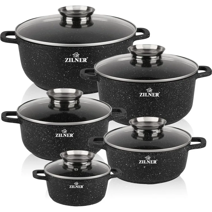 Zilner Topf-Set Schöne schwarze Töpfe in 5 verschiedenen Größen mit Steinbeschichtung, Aluminiumguss, Aluminium, Keramik, Edelstahl (Passt in jede Küche! 1.3L / 2.3L / 3.2L / 4.5L 5.6L, 10-tlg, Es ist eine perfekte Geschenkidee für jeden Anlass), Innov...