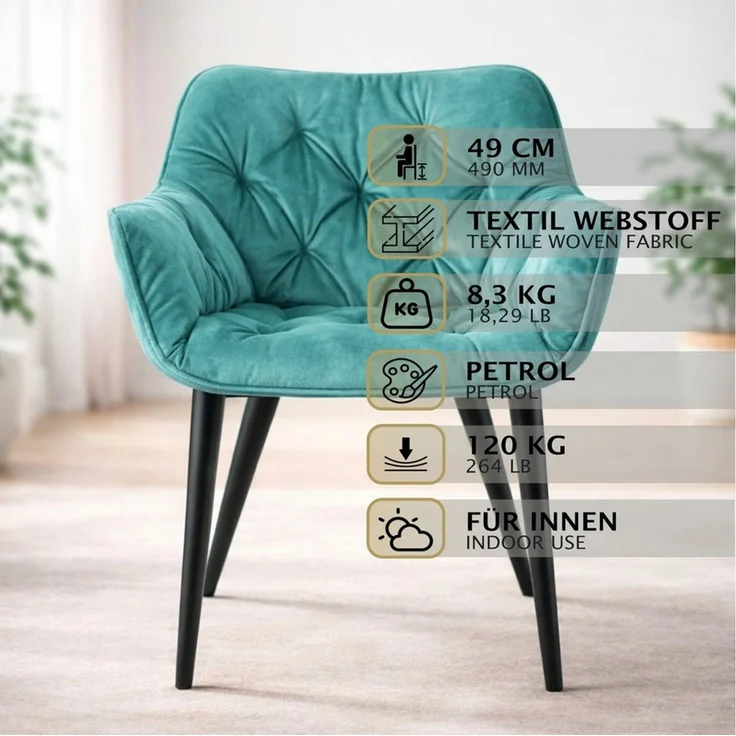 HAGO Esszimmerstuhl 2er Set Polsterstuhl Küchenstuhl Stühle Armlehne Sessel Wohnzimmer – Bild 2