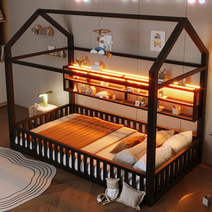 Hausbett mit LED-Beleuchtung, Tür und Regal, 90x200cm, Kinderbett ohne Lattenrost, Einzelbett, Metallbett – Bild 2