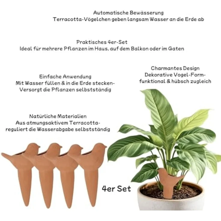 4er Set Bewässerung Vögelchen – Terracotta – Pflanzhilfe zur Langzeitbewässerung – Bild 6