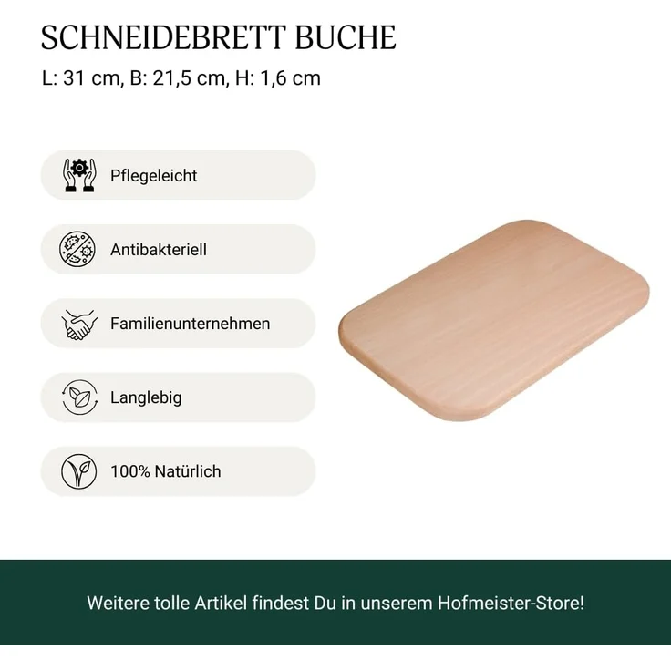 Hofmeister Schneidebrett 31x21cm Buchenholz Küchenbrett Schneidunterlage Holzbrett, Buchenholz – Bild 5