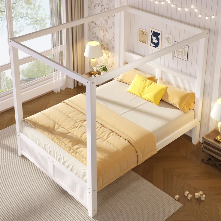 Himmelbett aus Kiefernholz und MDF mit Dachrahmen, 140x200 cm, Weiß, ohne Matratze – Bild 1