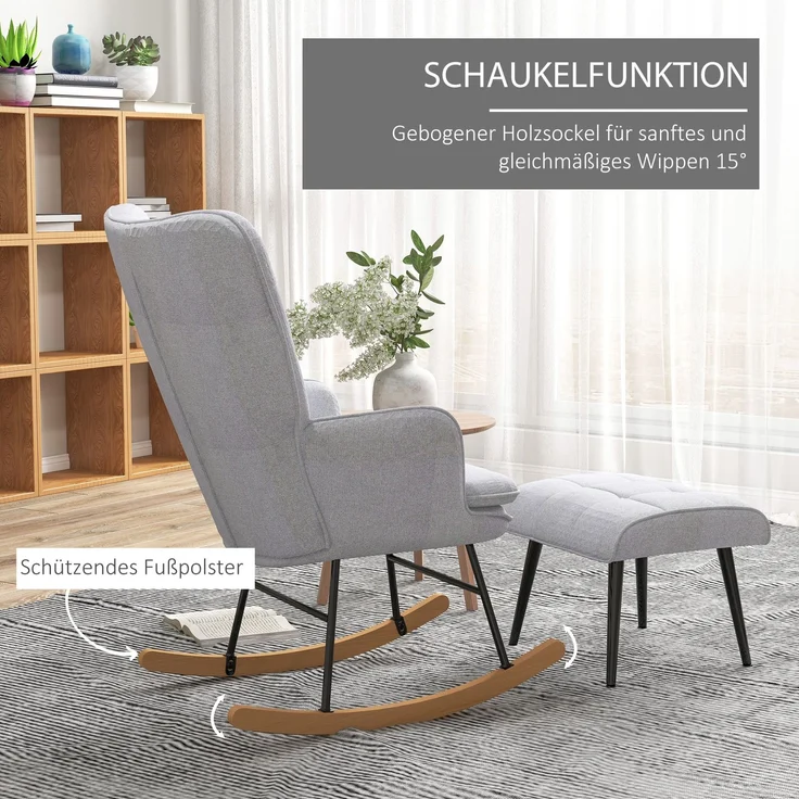 Schaukelstuhl Set mit Fußhocker Geflügelte Rückenlehne Massivholz Beinen 130 kg Tragkraft Hellgrau – Bild 3