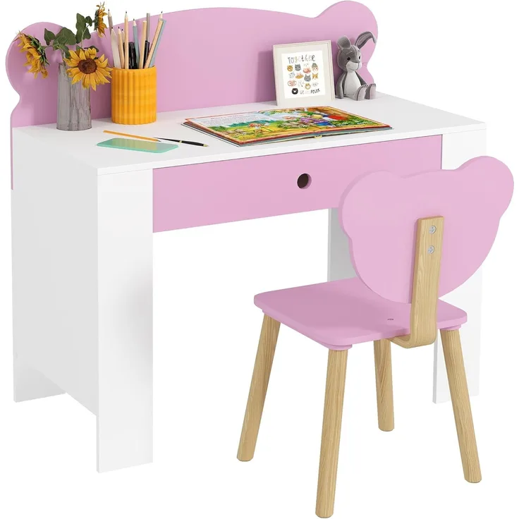 AIYAPLAY Kindertisch mit Tischplatte & Schublade, Bärenform (Kinderschreibtisch Set, 2-St, Kinder Schreibtisch und Stuhl), Jugendschreibtisch für Jungs & Mädchen Rosa