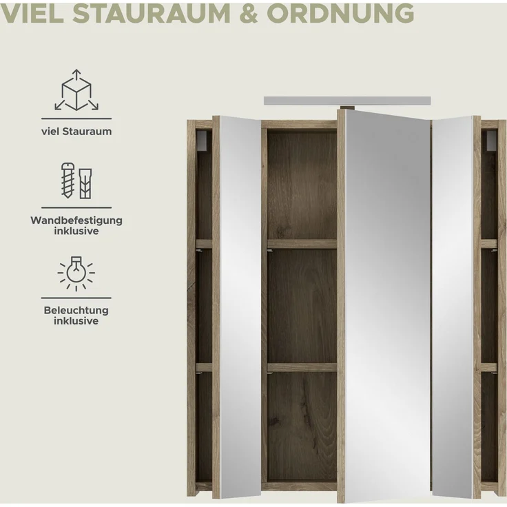 Spiegelschrank inkl. Beleuchtung (B/H/T: 60x70x18 cm) in schwarz matt und Nox Oak Nachbildung – Bild 8