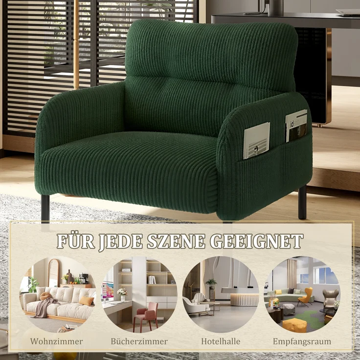 LVHOM Sessel mit Seitentaschen, Relaxsessel Cordstoff, Polstersessel Lehnstuhl Wohnzimmersessel mit Metallbeine – Bild 6