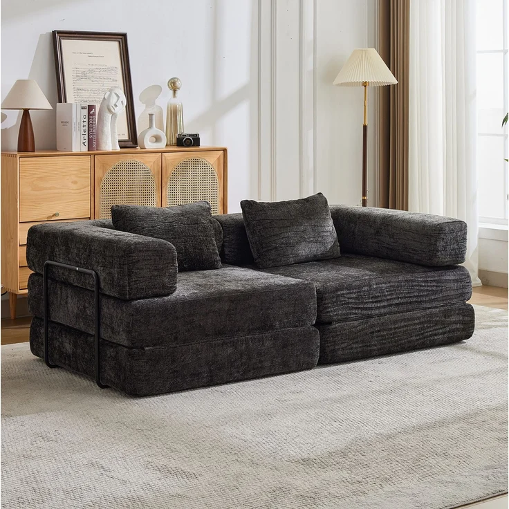 Klappsofa aus Chenille, wandelbar zum Bodenbett, 100x200x63 cm, Schwarz – Bild 1