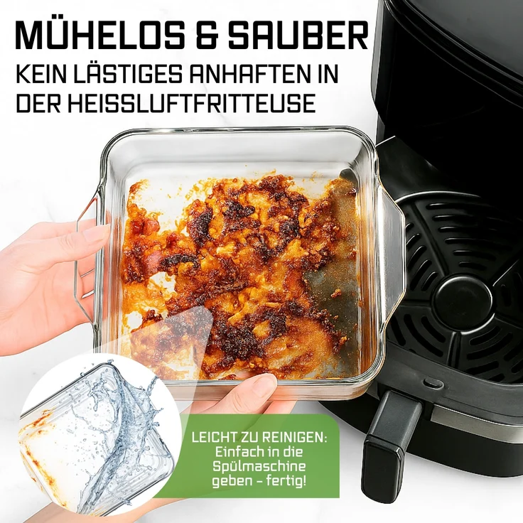 GOURMETmaxx Glas-Auflaufform 800ml transparent für Heißluft-Fritteusen quadratisch – Bild 6