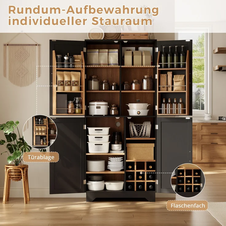 Küchenschrank, hoher Stauraumschrank mit 4 Scheunentor-Türen, Vorratsschrank mit Weinregal und Türregal, Aufbewahrungsschrank für Wohnzimmer und Esszimmer, 80 × 40× 180 cm – Bild 5