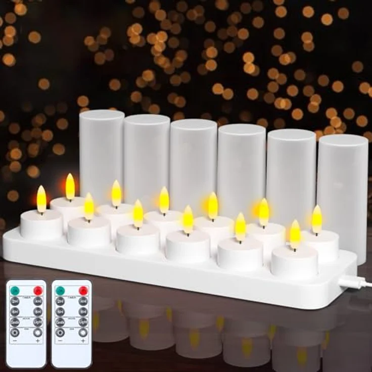 EXTSUD 12 LED Teelichter wiederaufladbar mit Timer und Ladestation – Bild 1