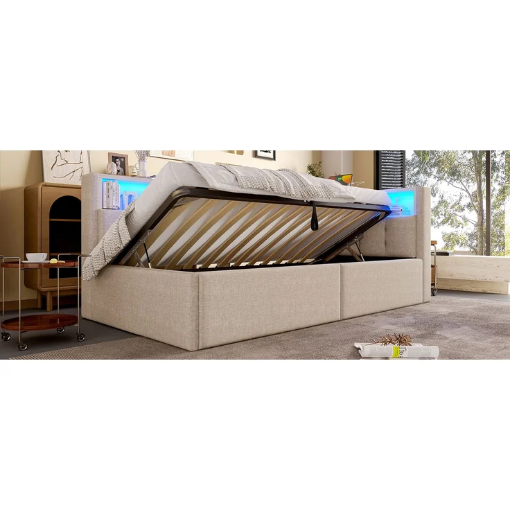 ZUBALIYA Schlafsofa / Tagesbett, mit hydraulische Aufbewahrungsfunktion und mehrfarbiger LED-Streifenbeleuchtung, 90 x 200 cm, Leinen, Beige, fürs Schlafzimmer, mit Stauraum, mit LED, Samt – Bild 23