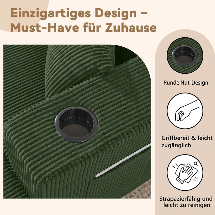 EINHOM 3-Sitzer modulares Ecksofa, komprimiertes L-Form Sofa mit beweglichen Ottomanen, weicher Cordstoff, Getränkehalter, Seitentasche und Kissen, geeignet für Wohnzimmer, Hotels und Mietwohnungen, Green – Bild 5