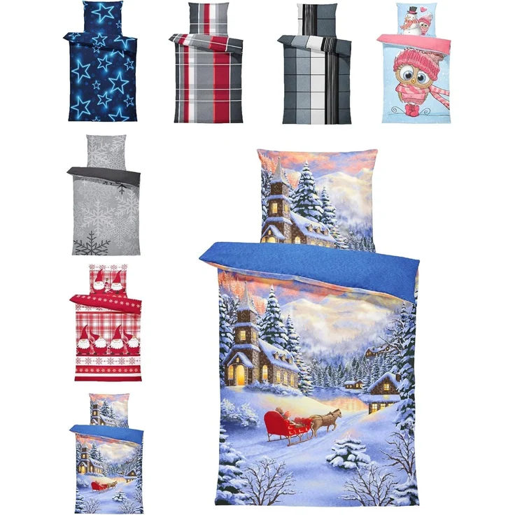 One Home Bettwäsche Winter Thermofleece, Fleece, 4 teilig, Weihnachten Winterlandschaft, kuschelig flauschig warm weich Modern – Bild 1