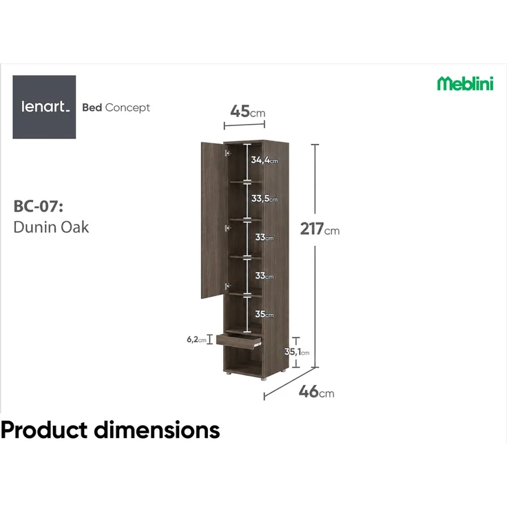 MEBLINI Schrank BC-07 für Schrankbett - Dunin Eiche - 45x217x46cm - Hochschrank mit Ablagen, Fächern und Schublade - Nachttisch – Bild 7